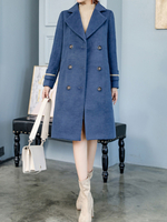 Frauen Wollmantel Turndown Kragen Taschen tiefblauen Wintermantel