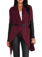 Frauen Wrap Coat Langarm-Gürtel PU Patch unregelmäßigen Saum Wasserfall Coat