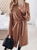 Frauen Wrap Mäntel Khaki Umlegekragen Langarm Lace Up Lange Wintermantel