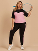 Frauen Zweiteiler Sets Pink Polyester Taschen Zweifarbige Athletic Summer Half Sleeves Jewel Neck Bluse Sporthose Outfit