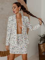 Frauen Zweiteiler Sets Weißer Polyester Turndown Kragen Bedruckt Langarm Kleidung Sexy Rock Outfit
