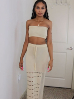 Frauen zweiteilige Sets Aprikosen-Baumwollfransen Ausgeschnitten Ärmelloser trägerloser rückenfreier Pullover Langer Rock Sexy Sommer-Outfit
