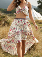 Frauen Zweiteilige Sets Aprikosenbaumwolle Schnürung Blumendruck Kurzarm V-Ausschnitt Bohemian Top Midi-Kleid Outfit