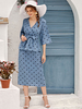 Frauen zweiteilige Sets Blau Polyester V-Ausschnitt Polka Dot Retro Flare Ärmel Tops Midi Kleid Outfit