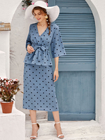 Frauen zweiteilige Sets Blau Polyester V-Ausschnitt Polka Dot Retro Flare Ärmel Tops Midi Kleid Outfit