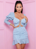 Frauen zweiteilige Sets Blue Polyester Polka Dot Langarm Casual Top Bodycon Kleid Outfit