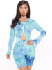 Frauen zweiteilige Sets Hell himmelblau Polyester Design Ausschnitt Tie Dye Zipper Casual Shorts Langarm Sommeroutfit