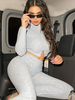 Frauen zweiteilige Sets Hellgrau Polyester High Collar Piping Split Front Casual Pants T-Shirt Langarm Outfit