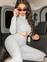 Frauen zweiteilige Sets Hellgrau Polyester High Collar Piping Split Front Casual Pants T-Shirt Langarm Outfit