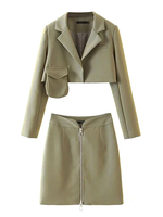 Frauen zweiteilige Sets Hunter Green Polyester Langarm Turndown Collar Short Skirt Outfit