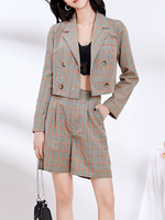 Frauen zweiteilige Sets Khaki Polyester Turndown Kragen Plaid Casual Shorts Langarm Oberbekleidung