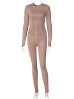 Frauen zweiteilige Sets Nude Farbe Fleisch Polyester Herbst Langarm Juwel Hals Hals Casual Outfit