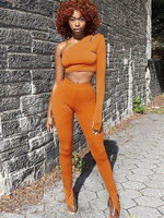 Frauen Zweiteilige Sets Orange Polyester Skinny Pants Lange Ärmel Eine Schulter Offene Schulter Lässiges Top-Outfit