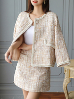 Frauen zweiteilige Sets Outfit Aprikose Tweed Klassischer Herbst Langarm Juwel Halsausschnitt Mit Minikleid Outfit Für Frauen