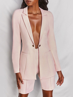 Frauen zweiteilige Sets Pink Polyester Turndown Kragen Langarm Blazer Ketten Casual Shorts Outfit