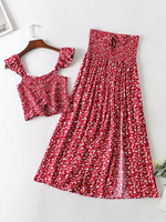 Frauen Zweiteilige Sets Rote Polyesterfransen Plissee Blumendruck Lässiger Überrock Kurzarm Bateau Neck Shirt Sommeroutfit