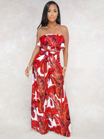 Frauen zweiteiliges Set trägerlos Blatt Print Bandeau Top mit breiten Beinhosen