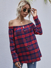 Frauenhemd Red Plaid Polyester Jewel Neck Kurzarm Casual Tops