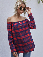 Frauenhemd Red Plaid Polyester Jewel Neck Kurzarm Casual Tops