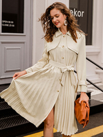 Frauenmantel Beige Turndown-Kragen Langarm Plissee Lässig Wintermantel