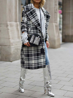 Frauenmantel Plaid Turndown Kragen Knöpfe Lässige schwarze Wickelmantel Winter Outwear