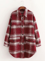 Frauenmantel Rote Umdrehungskragen Lange Ärmel Woolen Plaid Lange Hemdjacke Casual Winter Mantel