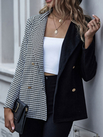 Frauenmantel Schwarz Turndown Kragen Langarm Knöpfe Farbblock Plaid Muster Wintermantel