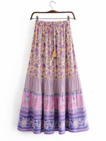 Frauenrock lila Fransen Blumendruck Polyester lange natürliche Taille Sommerkleid Midi-Kleid