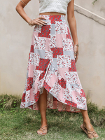 Frauenrock Pink Split Front Bedrucktes Muster Polyester Erhöhte Taille Hoch Niedrig Design Sommer Lange Unterteile