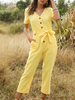 Gelb mit V-Ausschnitt mit kurzen Ärmeln Lace Up Kordelzug Polyester Breite Sommer Playsuit