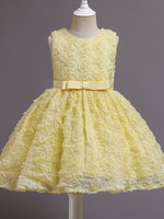 Gelbe Blumenmädchenkleider Jewel Neck Ärmelloser Reißverschluss Baumwollmischung Polyester Kinder Partykleider