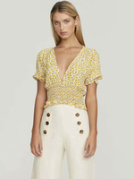 Gelbe Bluse für Damen Blumendruckmuster V-Ausschnitt Kurze Ärmel Polyester Tops