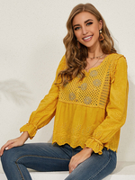 Gelbe Bluse für Frauen Baumwolle V-Ausschnitt Asymmetrisch ausgeschnitten Rüschen Langarm Lässig Sommer Tops