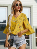 Gelbe Bluse für Frauen Blumendruck V-Ausschnitt Lässig Halbarm Polyester Sommer T-Shirt
