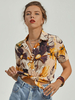 Gelbe Bluse für Frauen Polyester Turndown-Kragen Blumendruck geknotete Knöpfe Kurzarm Sexy Tops Sommerhemd