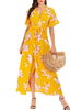 Gelbe Maxikleider Blumendruck Kurzarm Chiffon Langes Kleid mit Blumendruck