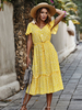 Gelbe Maxikleider für Damen Kurzarm-Blumenkleid mit V-Ausschnitt und Polyester