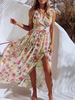 Gelbe Maxikleider Frauen V-Ausschnitt Ärmelloses Kleid mit Blumenmuster und Schlitz und Bodenlänge