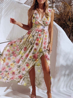 Gelbe Maxikleider Frauen V-Ausschnitt Ärmelloses Kleid mit Blumenmuster und Schlitz und Bodenlänge