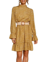 Gelbe Skaterkleider Chiffon-Stehkragen Langarm-Rüschen Kurzes Kleid mit Blumendruck