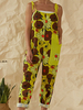 Gelber Overall für Frauen Bedrucktes Muster Quadratischer Hals Ärmellose Taschen Unregelmäßige verstellbare Träger Polyester Straight Summer One Piece Outfit