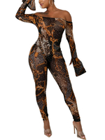 Gelber schulterfreier Longsleeve aus einer Baumwollmischung mit Animal-Print Dünnes Sommer-One-Piece-Outfit