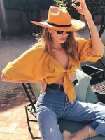 Gelbes Hemd für Frauen Polyester V-Ausschnitt Cabrio lässig geknotet halbe Ärmel Sommer Tops