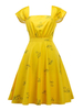 Gelbes Retro-Kleid 1950er Jahre Frau bedruckte kurze Ärmel Rockabilly-Kleid mit quadratischem Hals