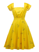 Gelbes Retro-Kleid 1950er Jahre Frau bedruckte kurze Ärmel Rockabilly-Kleid mit quadratischem Hals