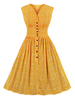 Gelbes Retro-Kleid 1950er Jahre V-Ausschnitt Knöpfe geschichtet ärmelloses knielanges Blumendruck Rockabilly Retro-Kleid