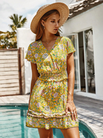 Gelbes Sommerkleid für Frauen V-Ausschnitt Flora Bedrucktes Kurzarm-Strandkleid aus Polyester