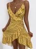 Gelbes Sommerkleid Riemchen ärmelloses kurzes Wickelkleid mit Rüschen und V-Ausschnitt