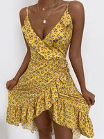 Gelbes Sommerkleid Riemchen ärmelloses kurzes Wickelkleid mit Rüschen und V-Ausschnitt