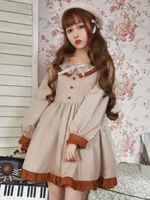 Glamourös Lolita Kleid mit U-Halsausschnitt und langen Ärmeln im klassischen & traditionellen Style und Schleife in Khakifarbe